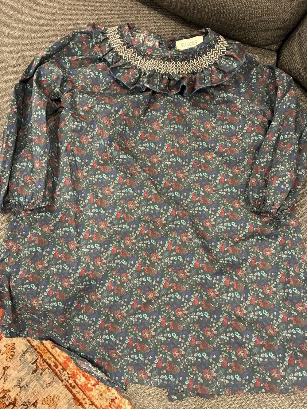 NUECES Navy Floral Smocked Ruffle Long-Sleeve Kids Dress button down cottagecore